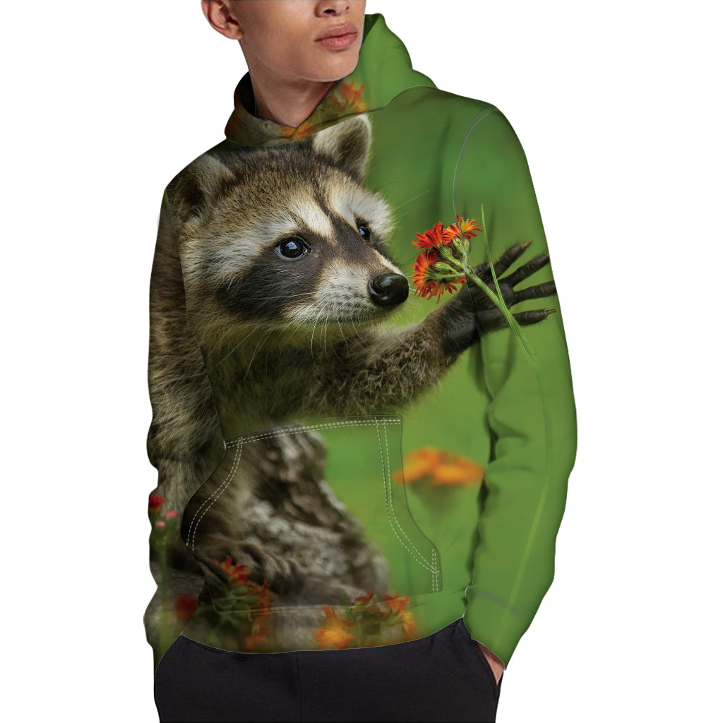 Raccoon And Flower Print Pullover Hoodie