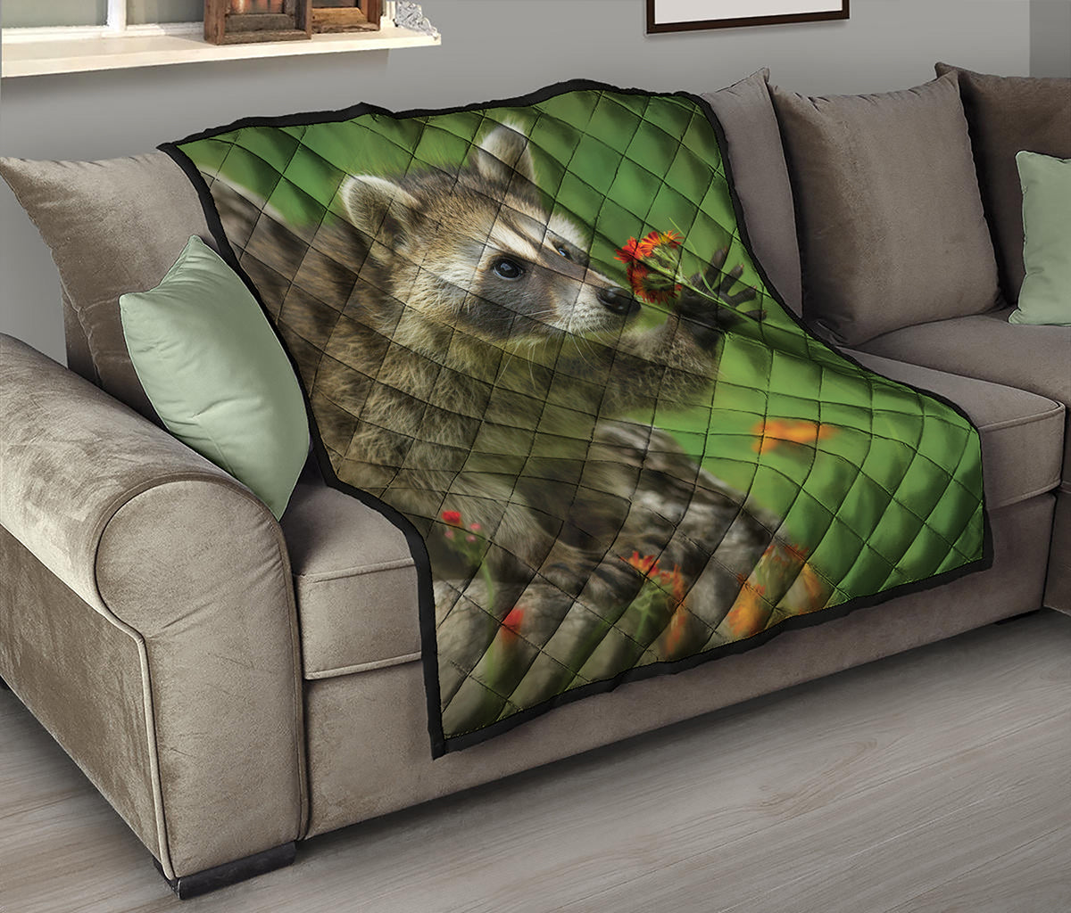 Raccoon And Flower Print Quilt