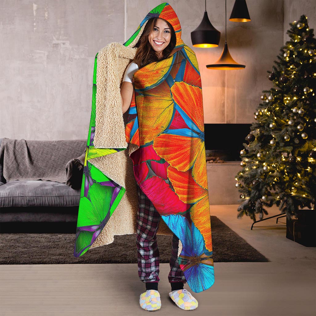 Rainbow Butterfly Pattern Print Hooded Blanket