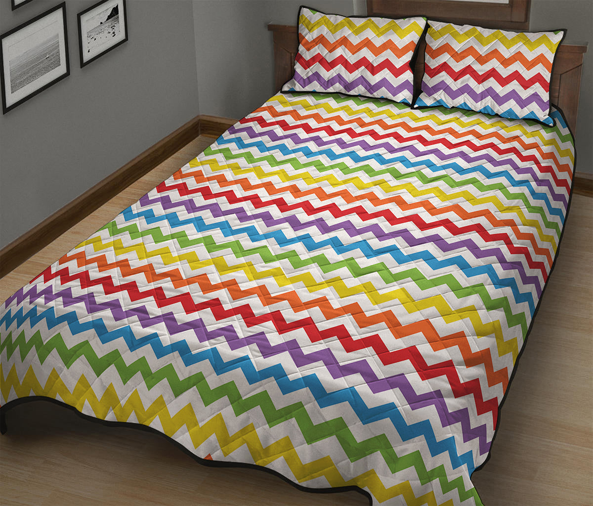 Rainbow Chevron Pattern Print Quilt Bed Set