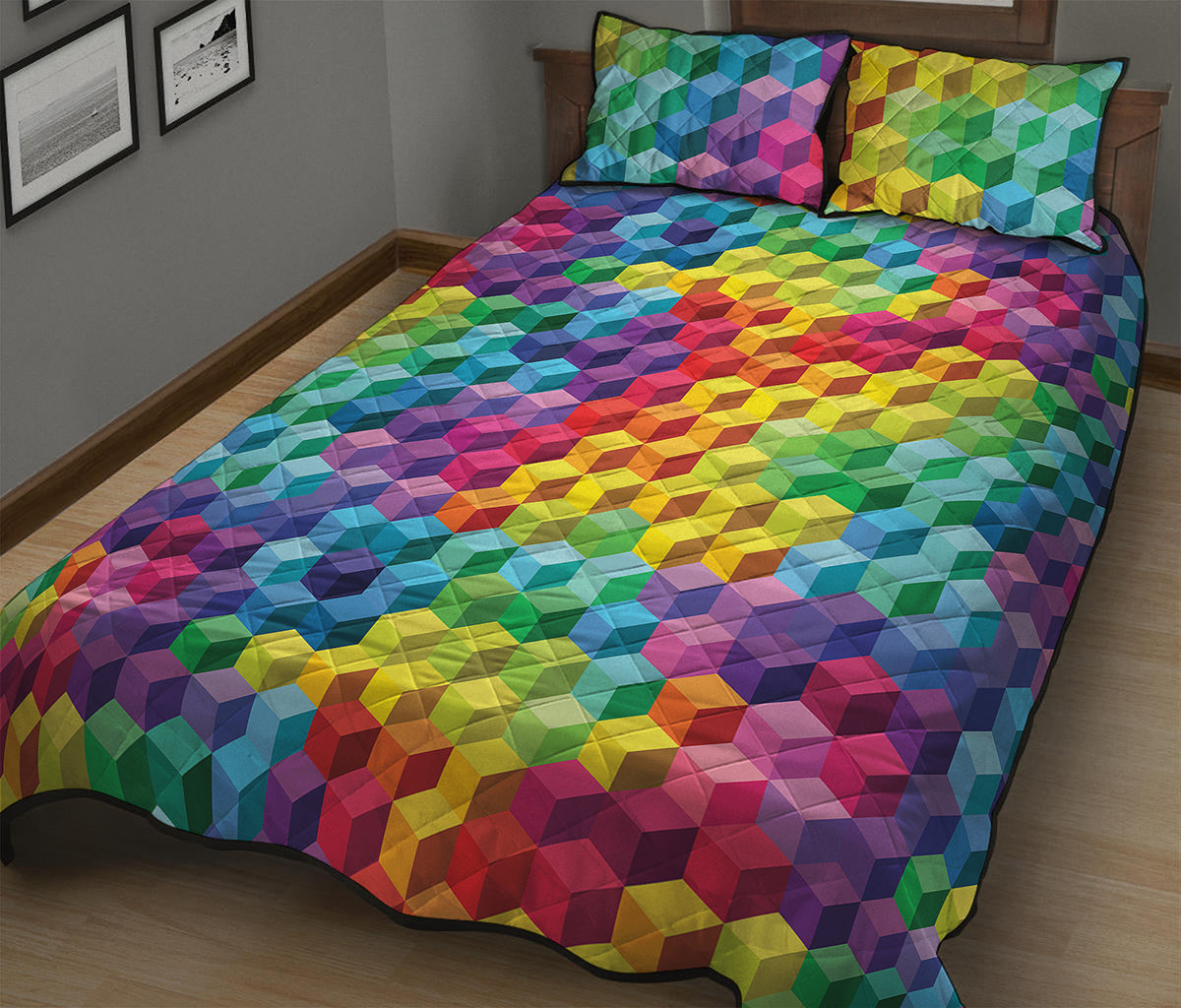 Rainbow Cubes Pattern Print Quilt Bed Set
