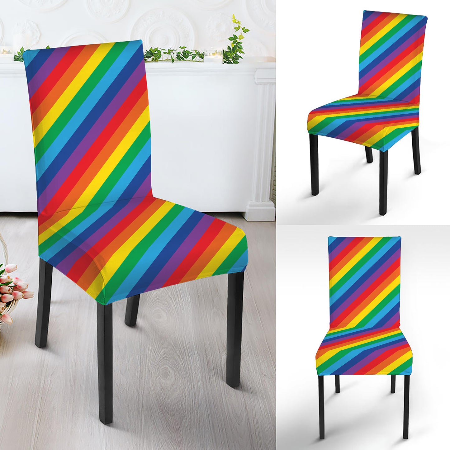 Rainbow Diagonal Striped Pattern Print Dining Chair Slipcover