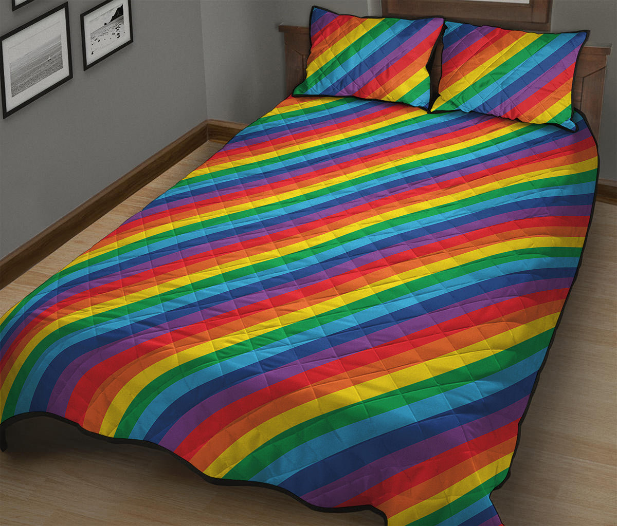 Rainbow Diagonal Striped Pattern Print Quilt Bed Set