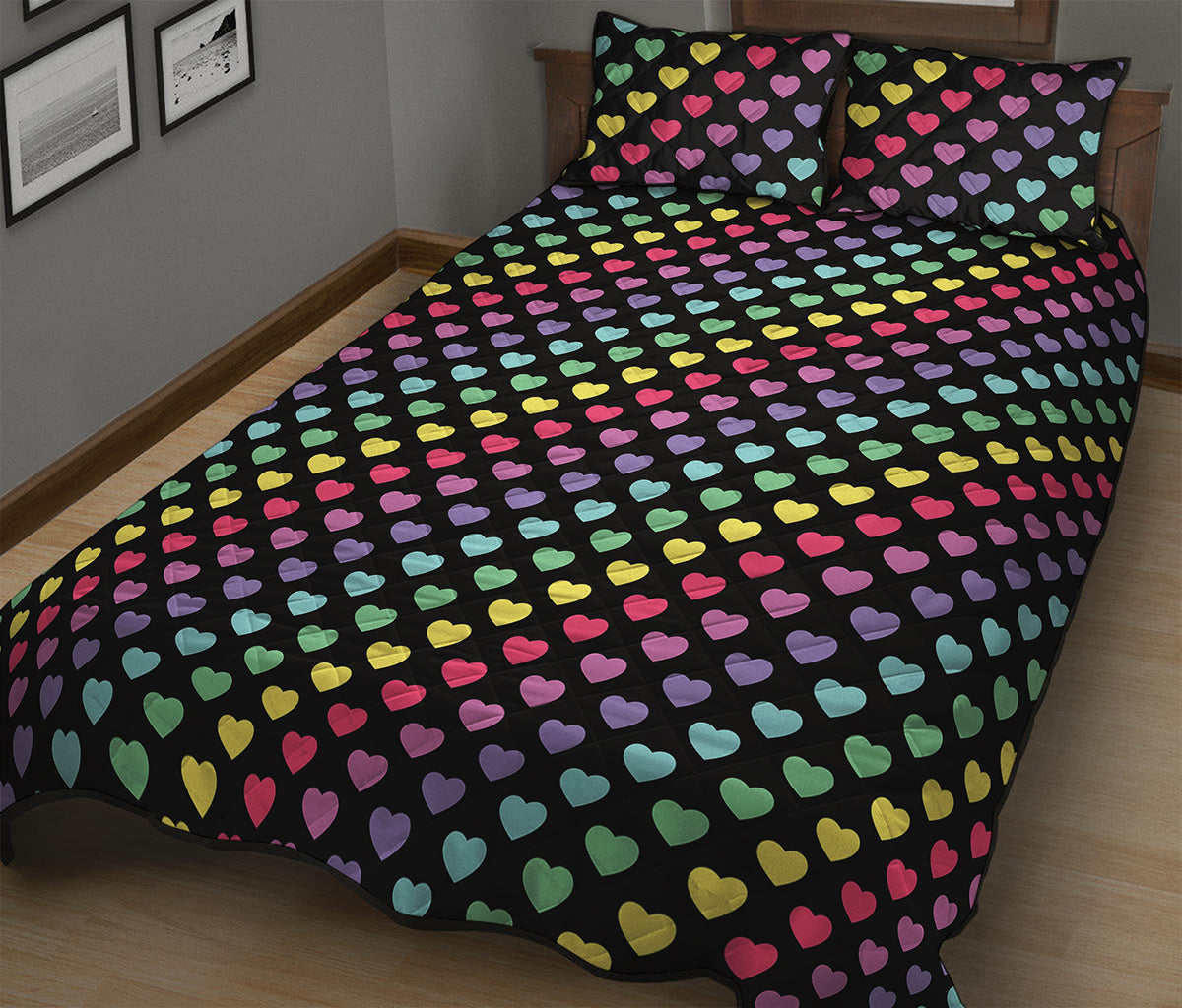 Rainbow Heart Pattern Print Quilt Bed Set