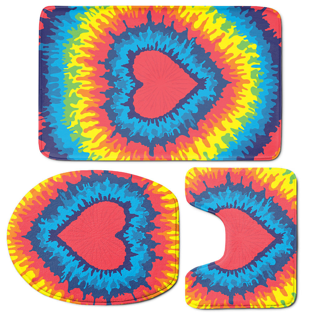 Rainbow Heart Tie Dye Print 3 Piece Bath Mat Set