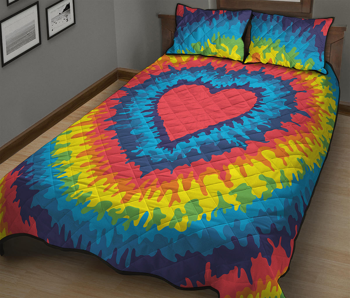 Rainbow Heart Tie Dye Print Quilt Bed Set