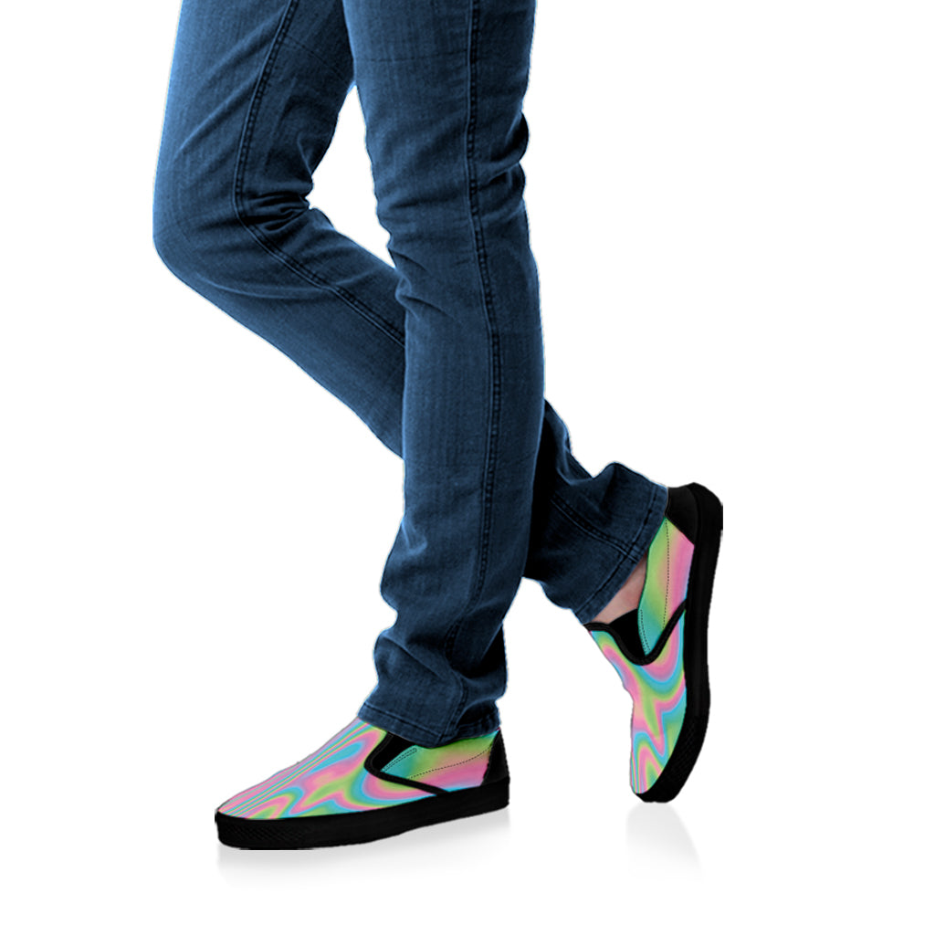 Rainbow Holographic Print Black Slip On Shoes