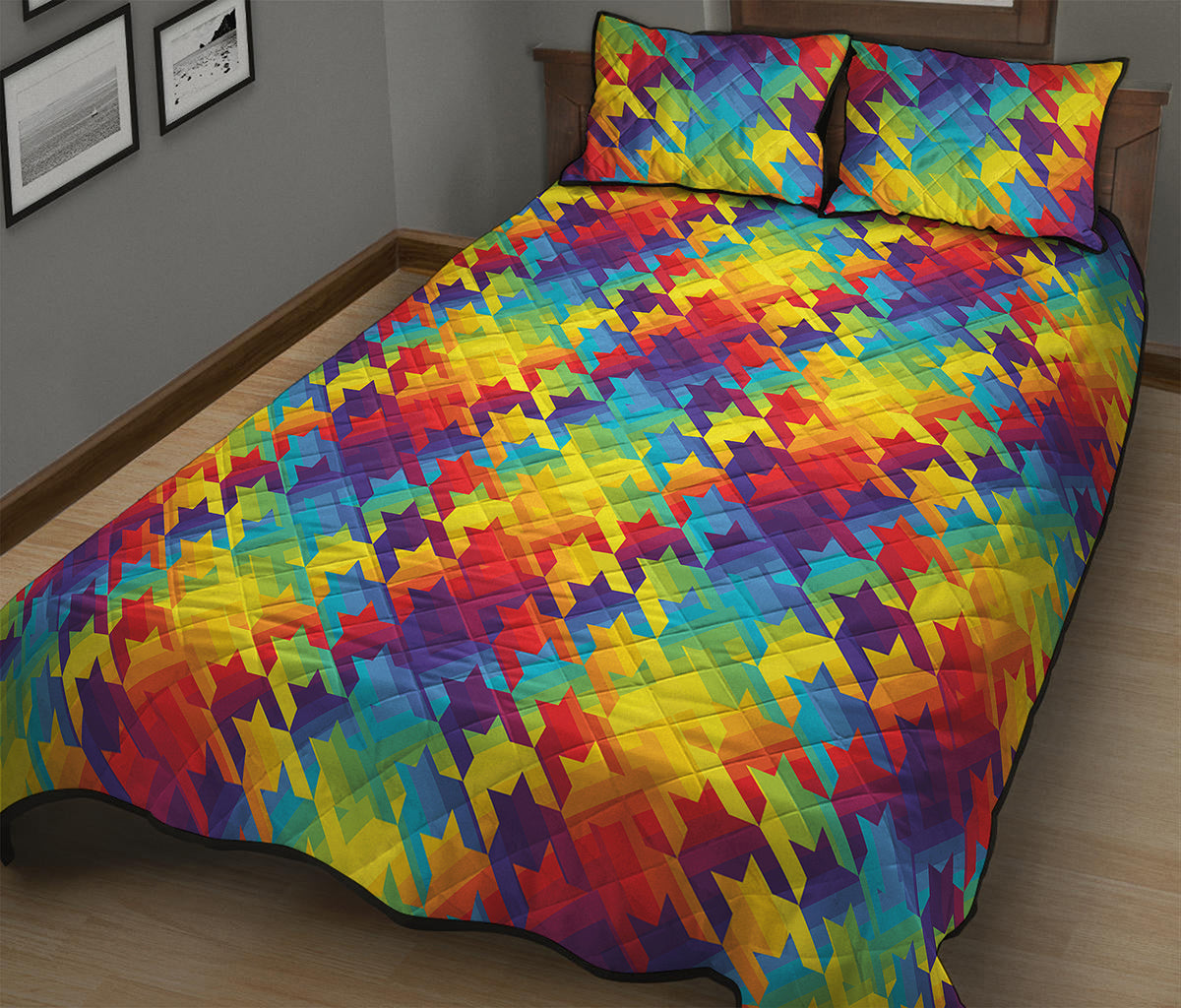 Rainbow Houndstooth Pattern Print Quilt Bed Set
