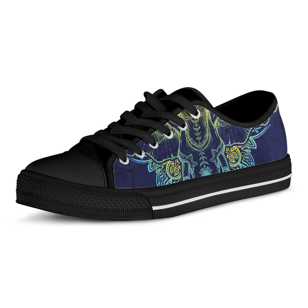 Rainbow Indian Elephant Print Black Low Top Shoes