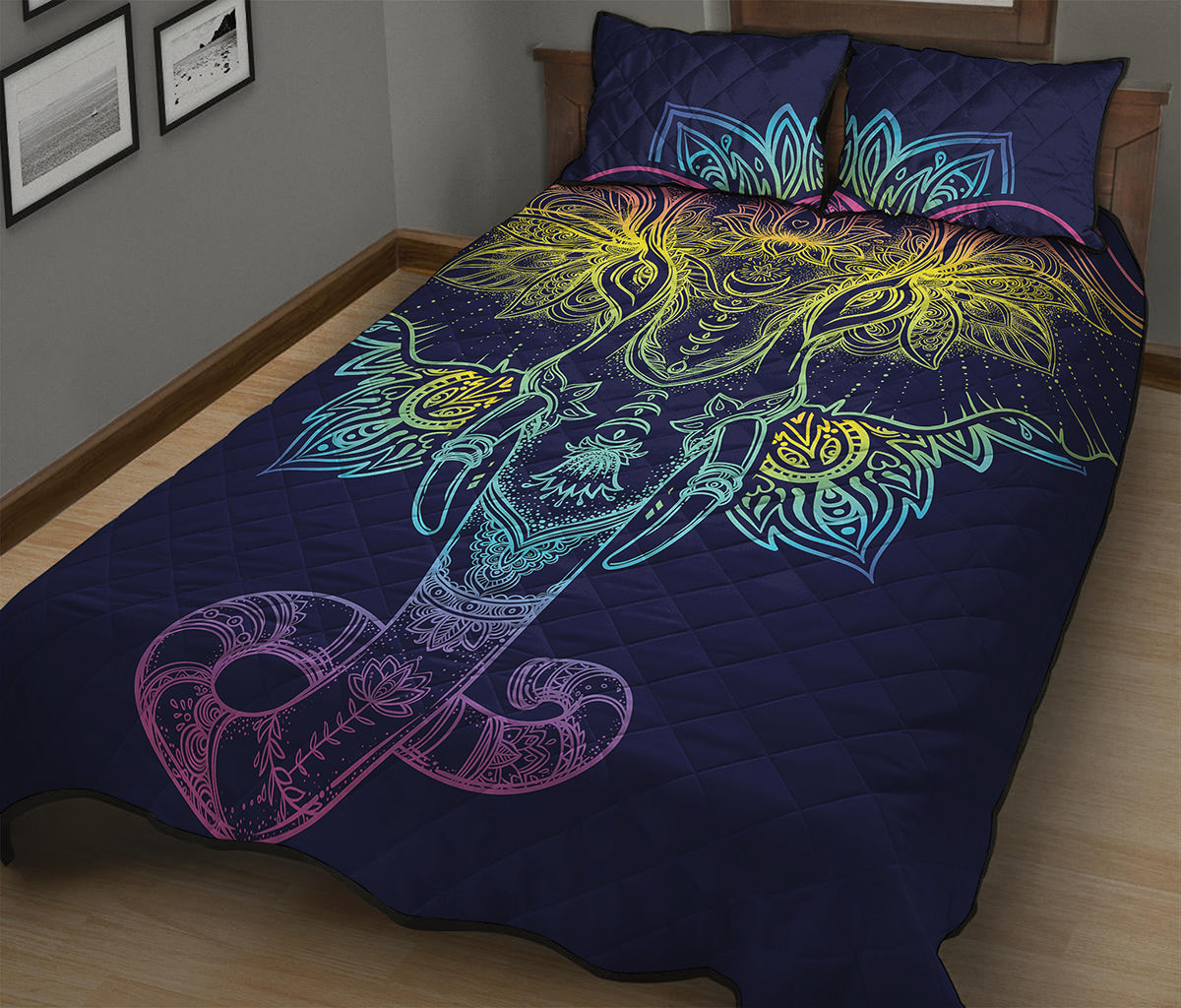 Rainbow Indian Elephant Print Quilt Bed Set