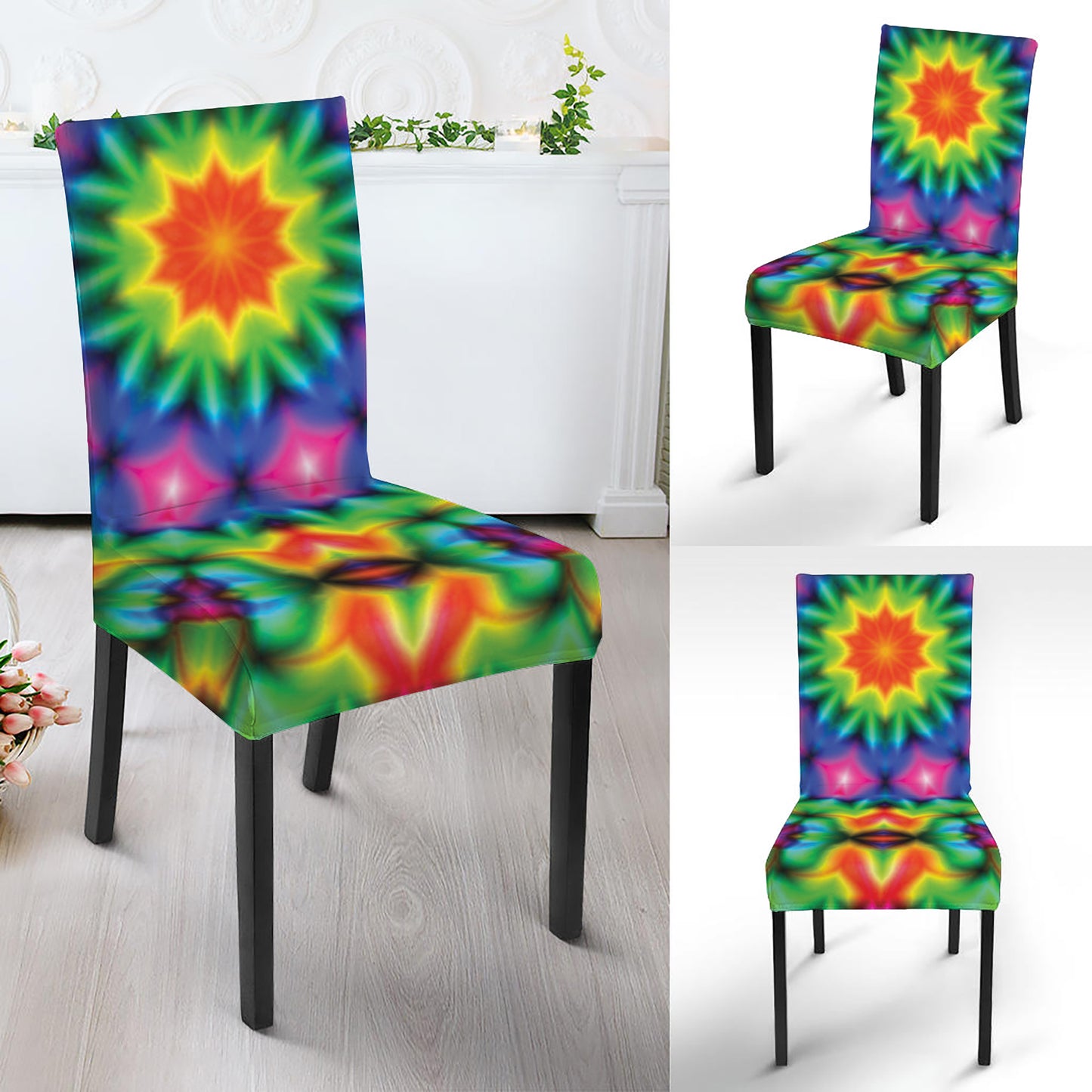 Rainbow Kaleidoscope Print Dining Chair Slipcover