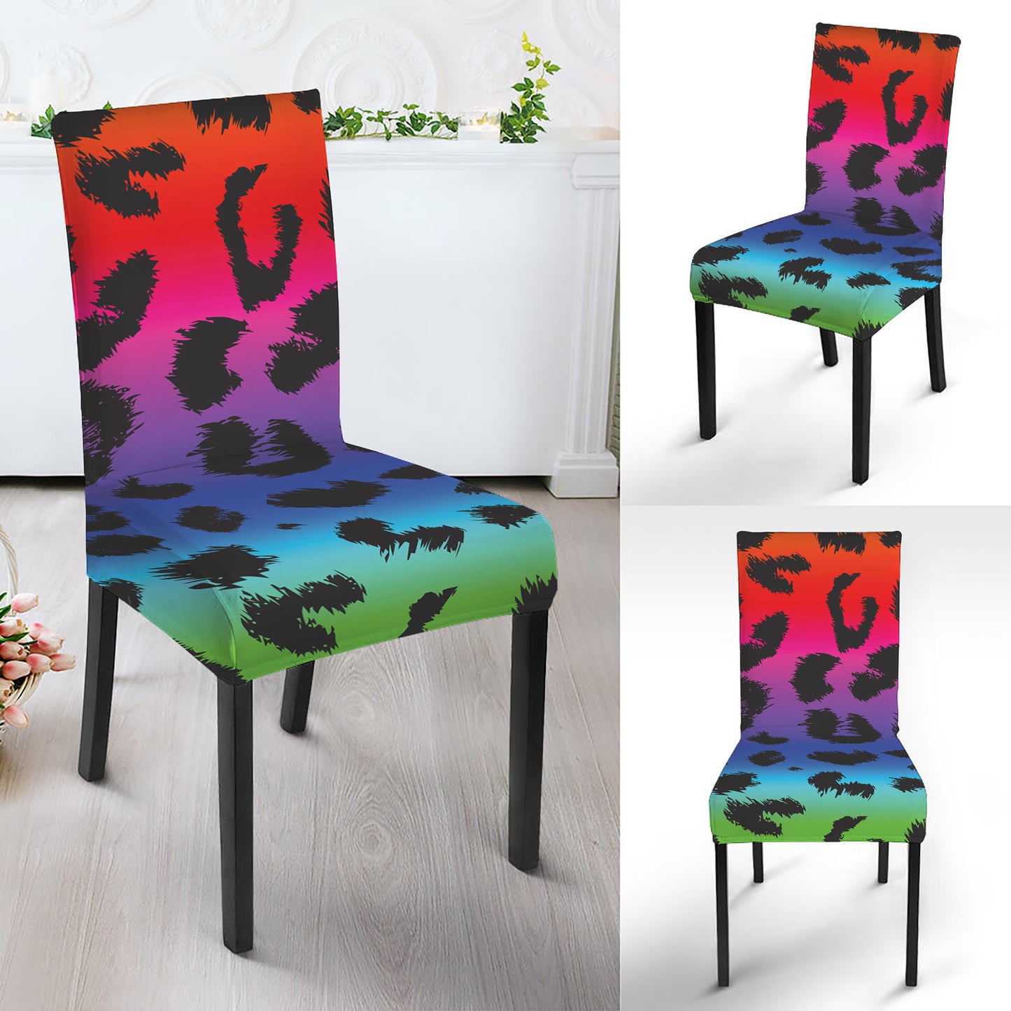 Rainbow Leopard Print Dining Chair Slipcover