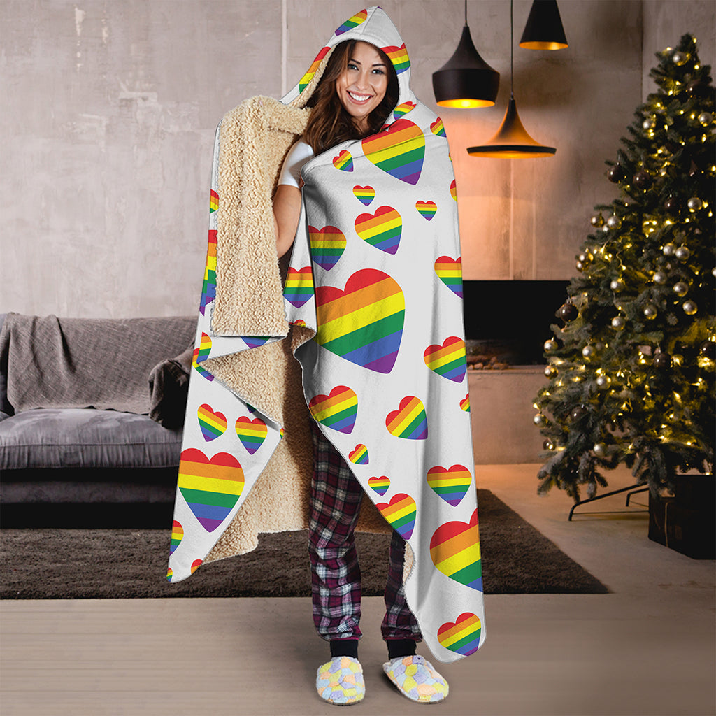 Rainbow LGBT Heart Pattern Print Hooded Blanket
