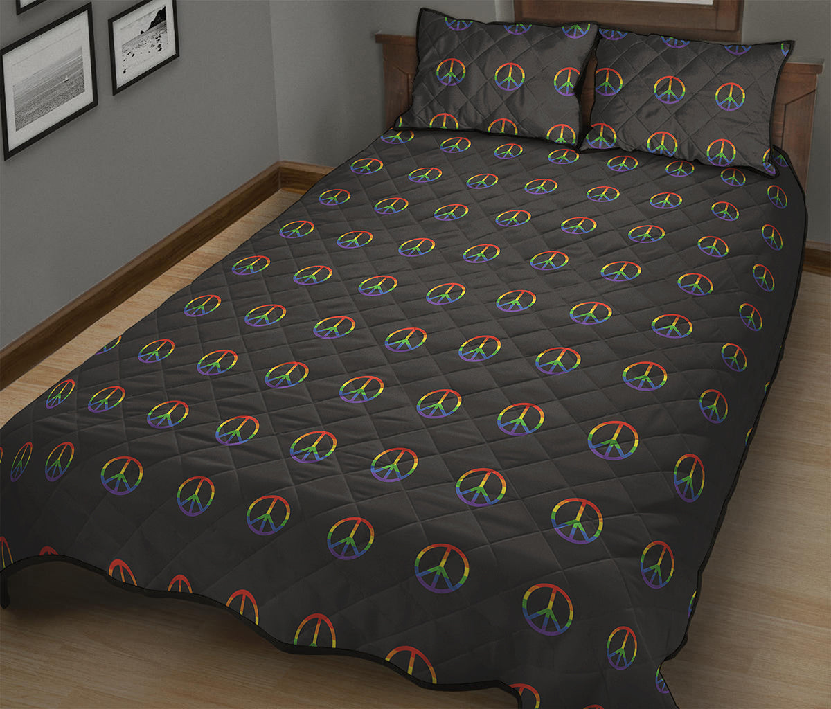 Rainbow LGBT Peace Sign Pattern Print Quilt Bed Set