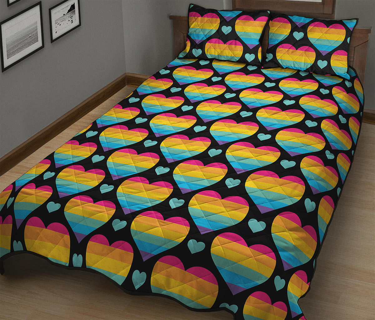 Rainbow LGBT Pride Heart Pattern Print Quilt Bed Set