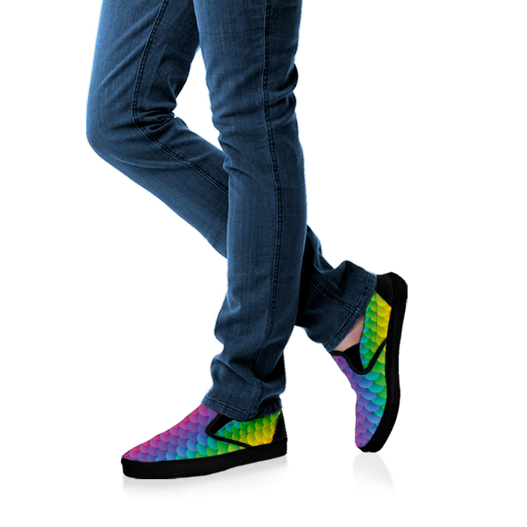 Rainbow Mermaid Scale Pattern Print Black Slip On Shoes