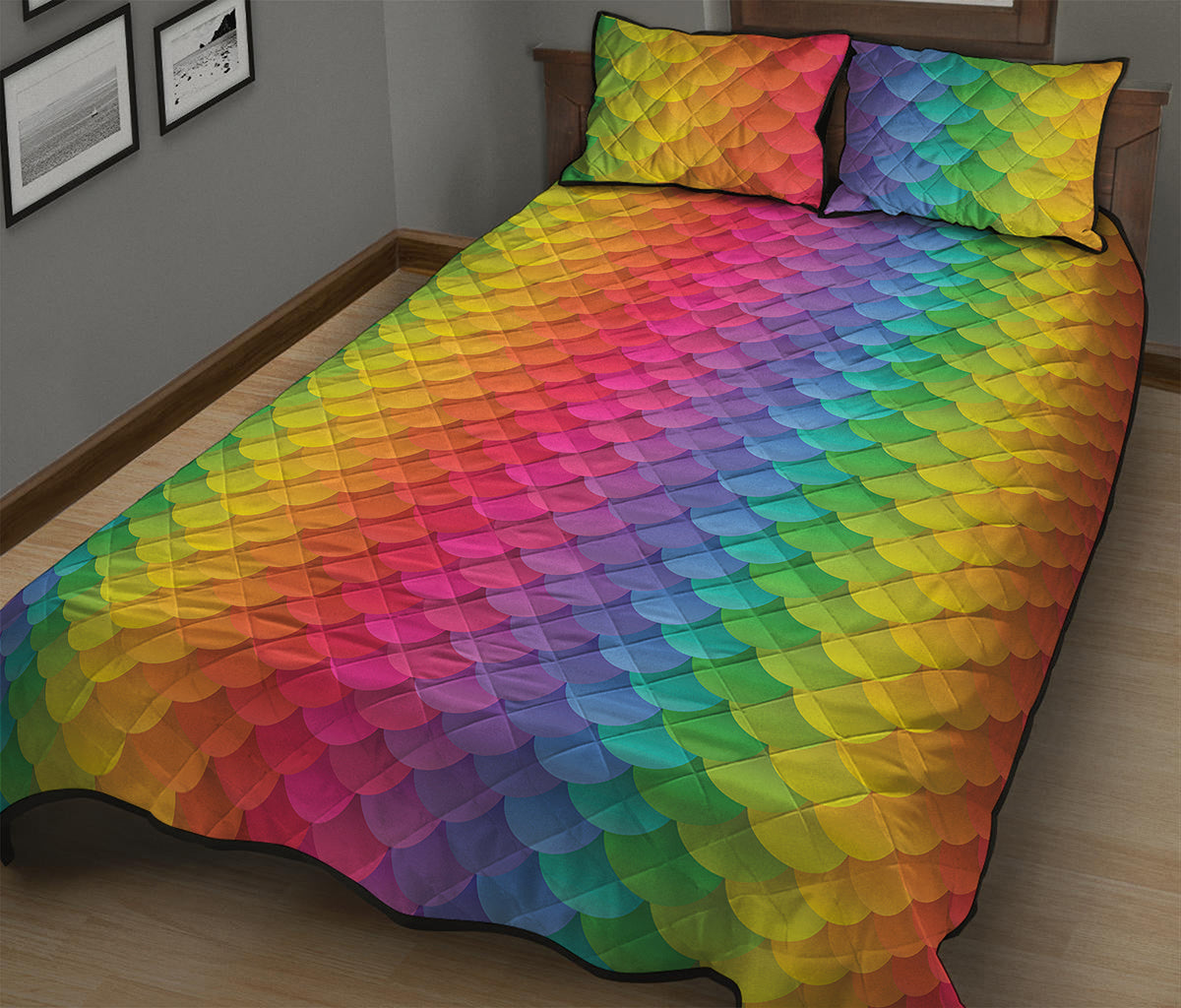 Rainbow Mermaid Scale Pattern Print Quilt Bed Set