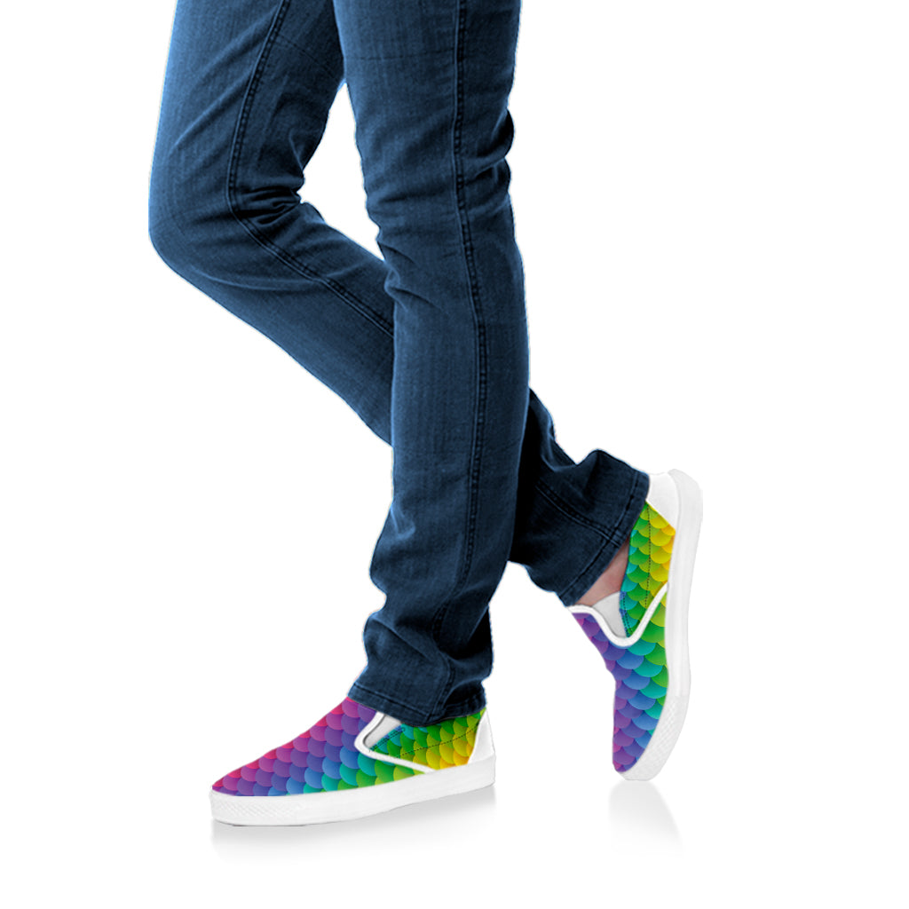 Rainbow Mermaid Scale Pattern Print White Slip On Shoes