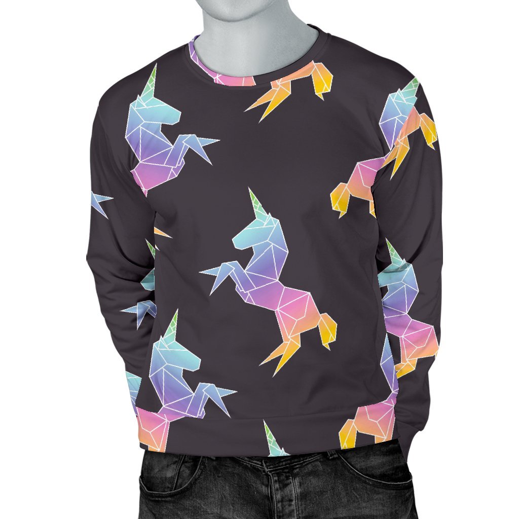 Rainbow Origami Unicorn Pattern Print Men's Crewneck Sweatshirt GearFrost