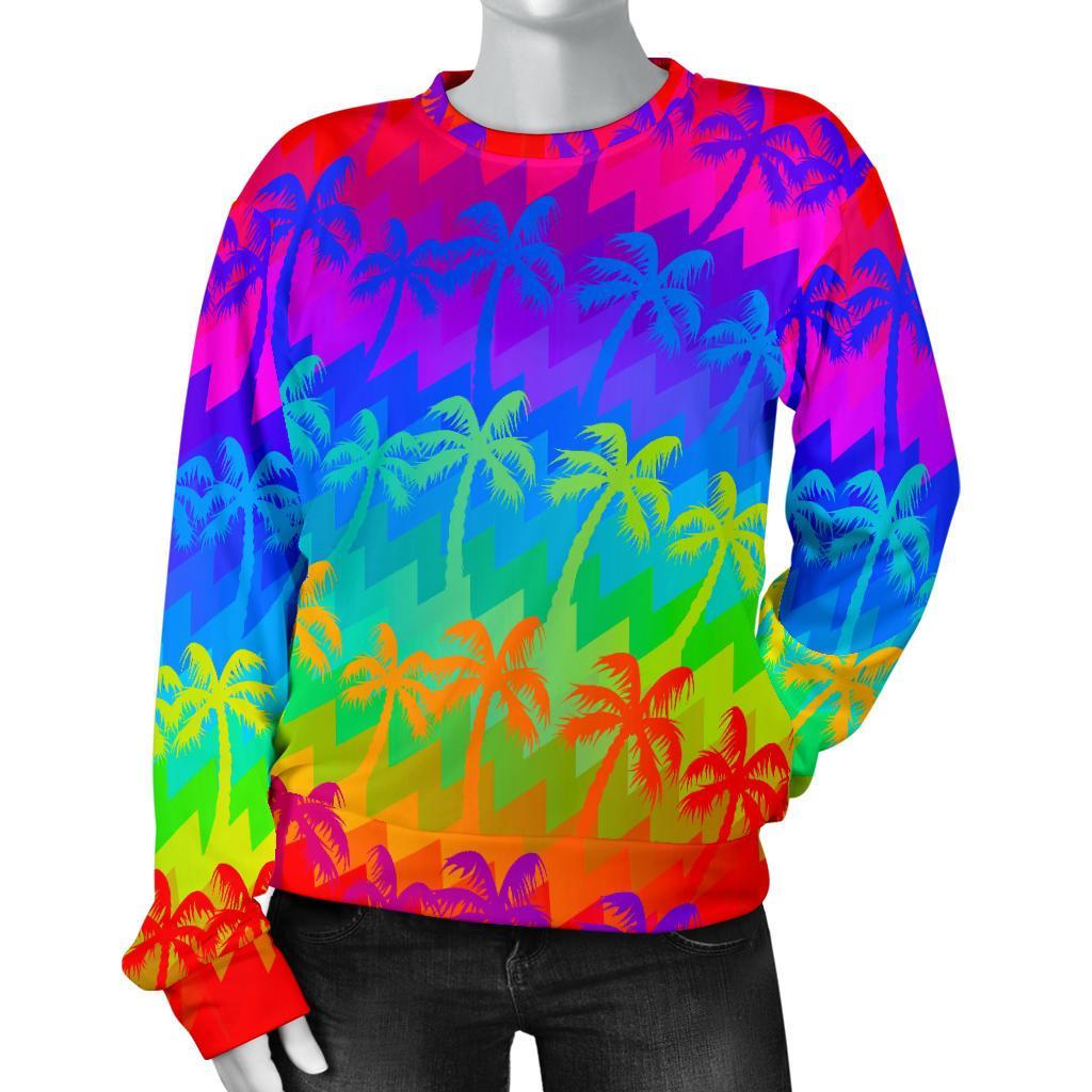 Rainbow Palm Tree Pattern Print Women's Crewneck Sweatshirt GearFrost