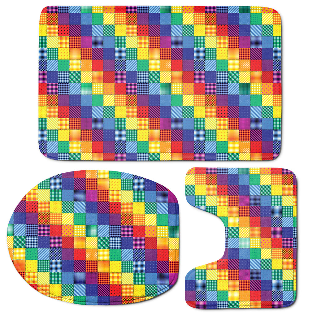 Rainbow Patchwork Pattern Print 3 Piece Bath Mat Set