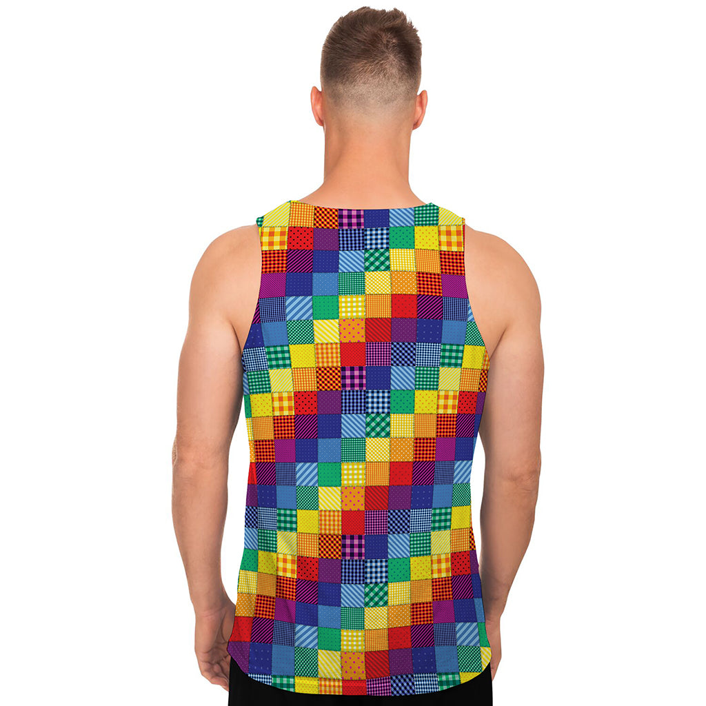 Rainbow Patchwork Pattern Print Men's Tank Top
