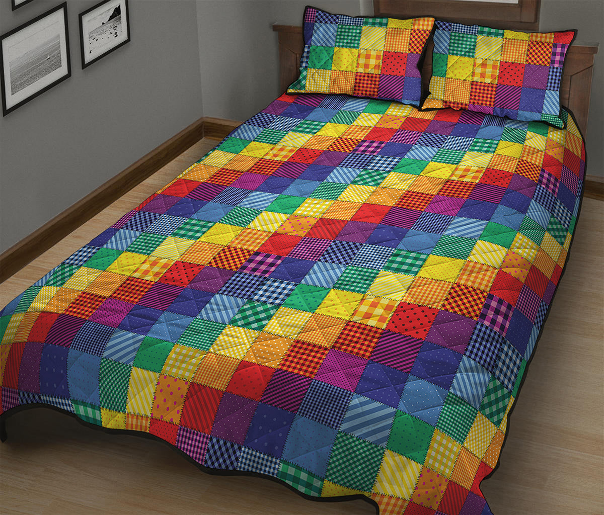 Rainbow Patchwork Pattern Print Quilt Bed Set