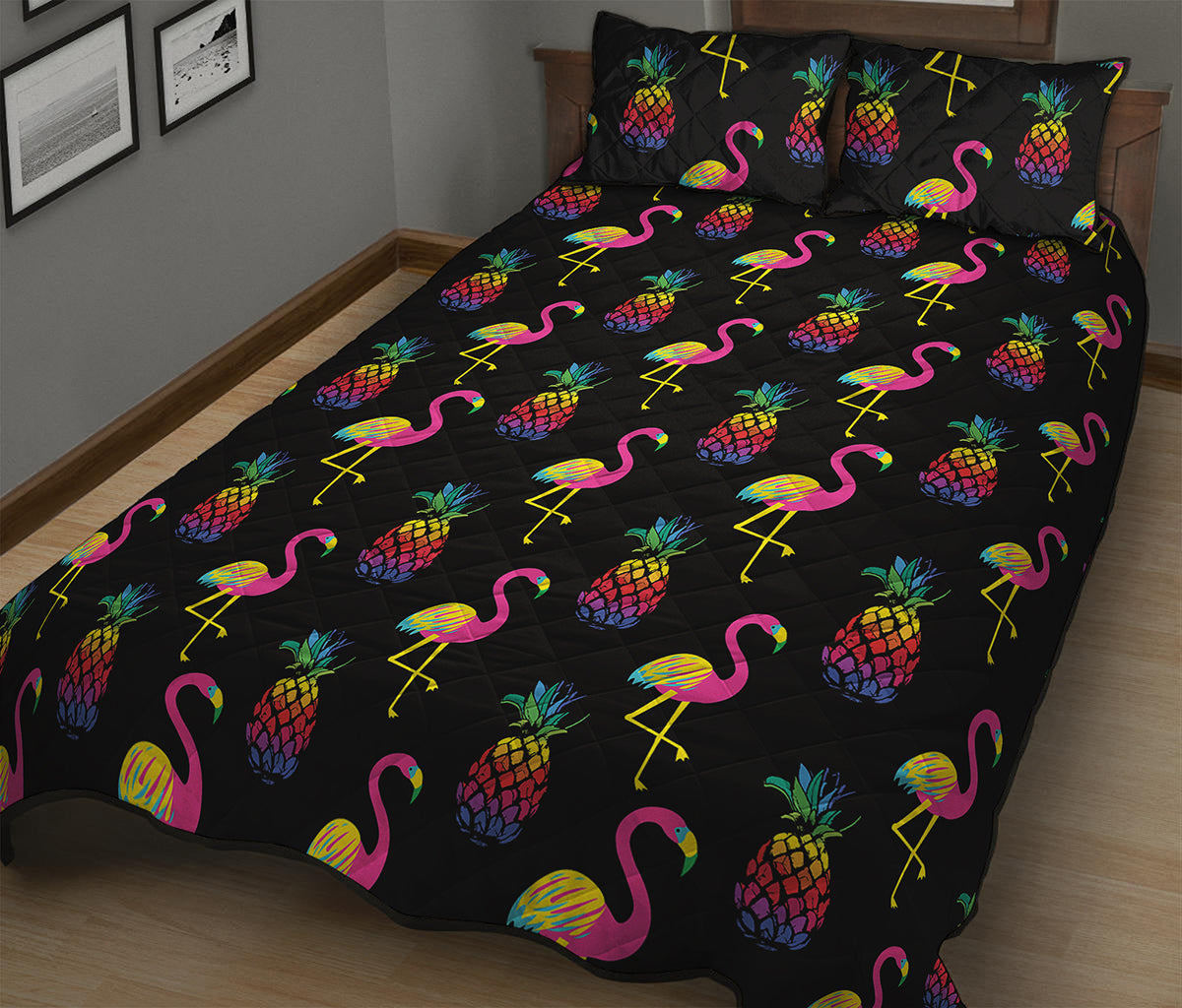 Rainbow Pineapple And Flamingo Print Quilt Bed Set
