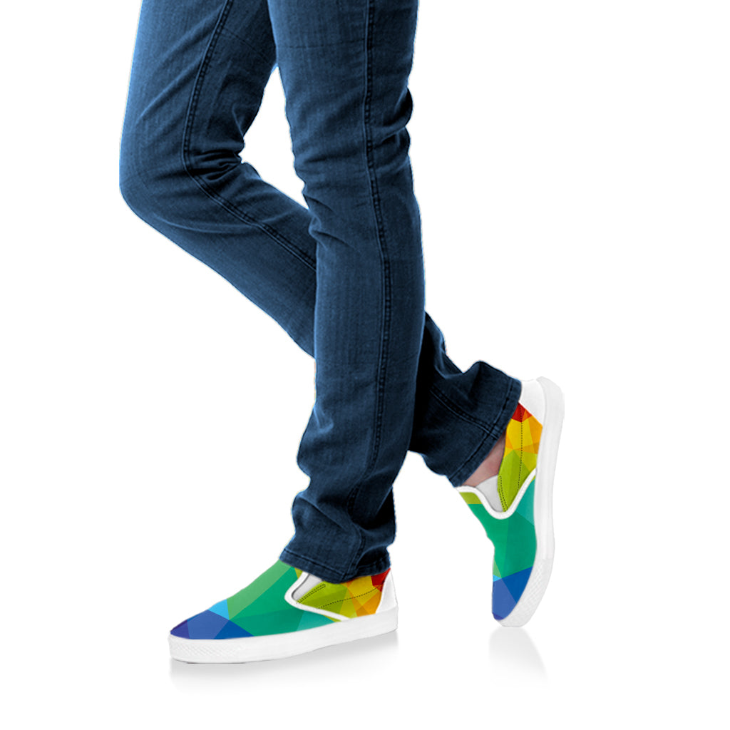 Rainbow Polygonal Geometric Print White Slip On Shoes