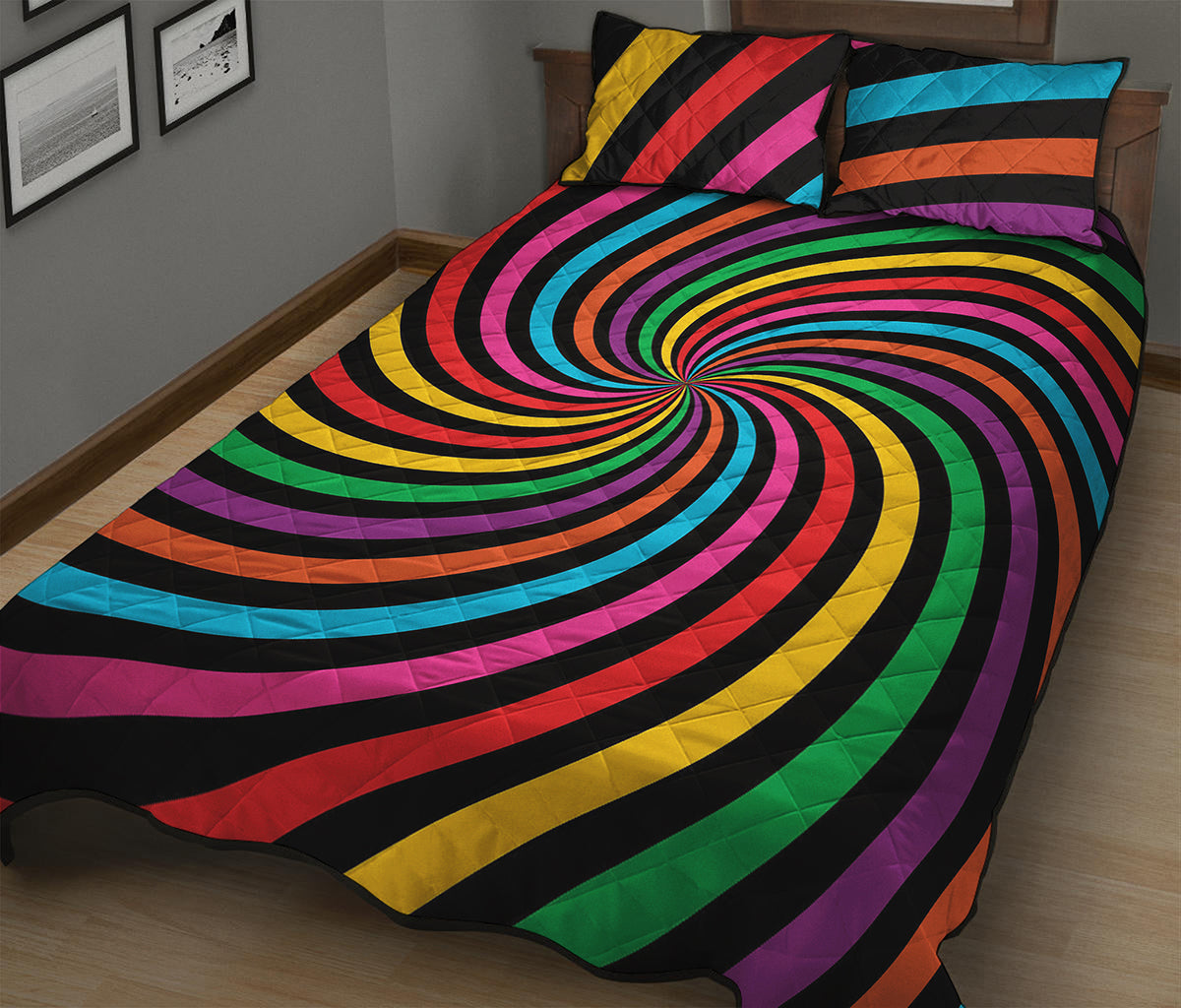 Rainbow Psychedelic Swirl Print Quilt Bed Set
