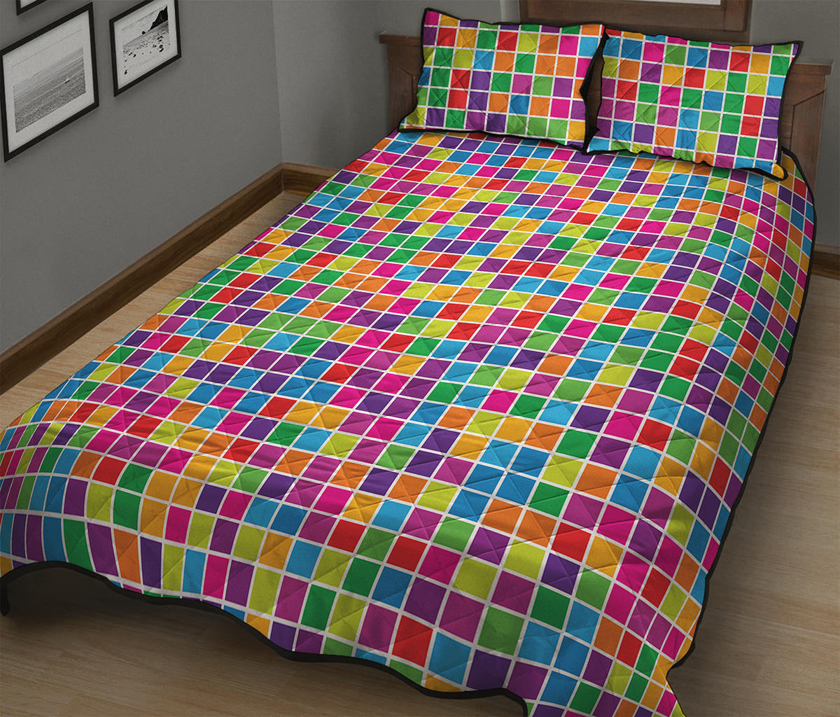 Rainbow Squares Pattern Print Quilt Bed Set