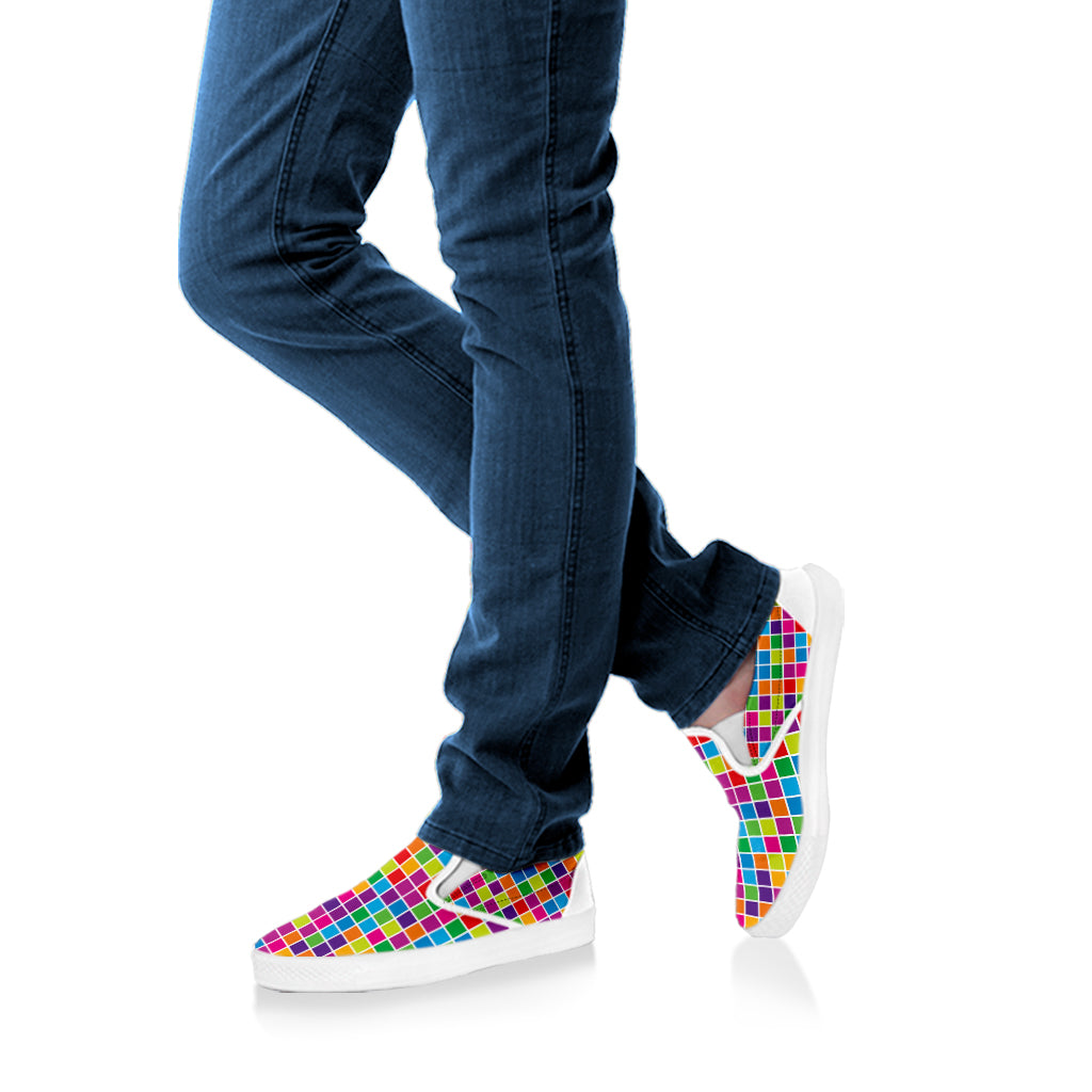 Rainbow Squares Pattern Print White Slip On Shoes