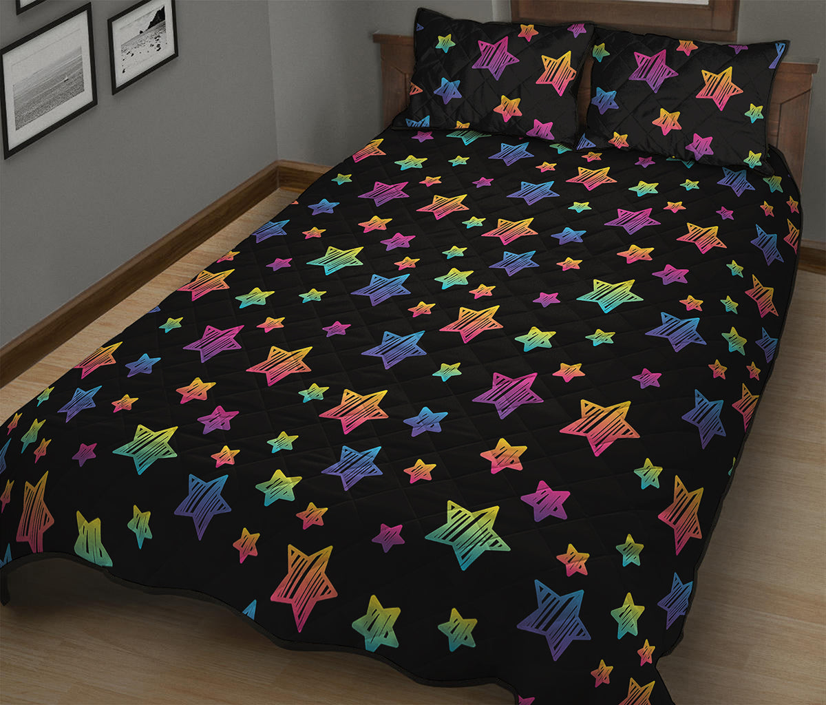 Rainbow Stars Pattern Print Quilt Bed Set