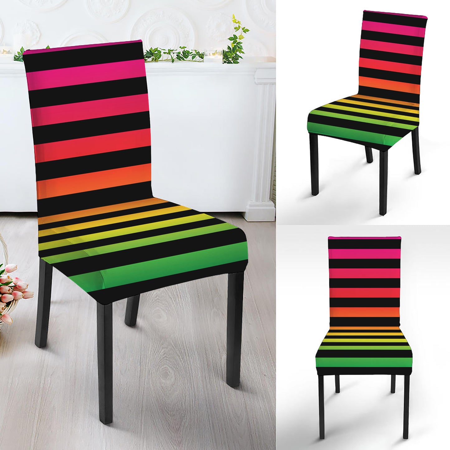 Rainbow Striped Pattern Print Dining Chair Slipcover