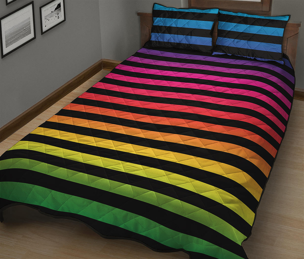 Rainbow Striped Pattern Print Quilt Bed Set
