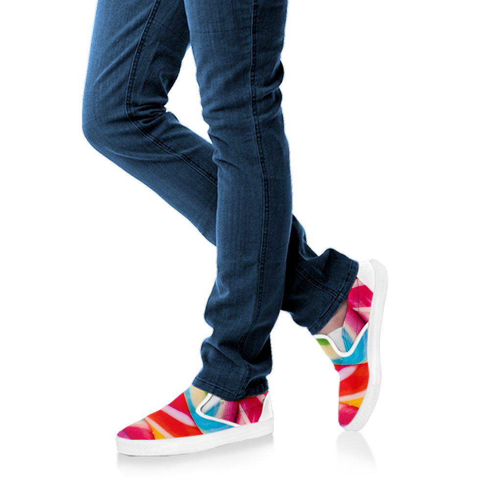 Rainbow Swirl Candy Print White Slip On Shoes