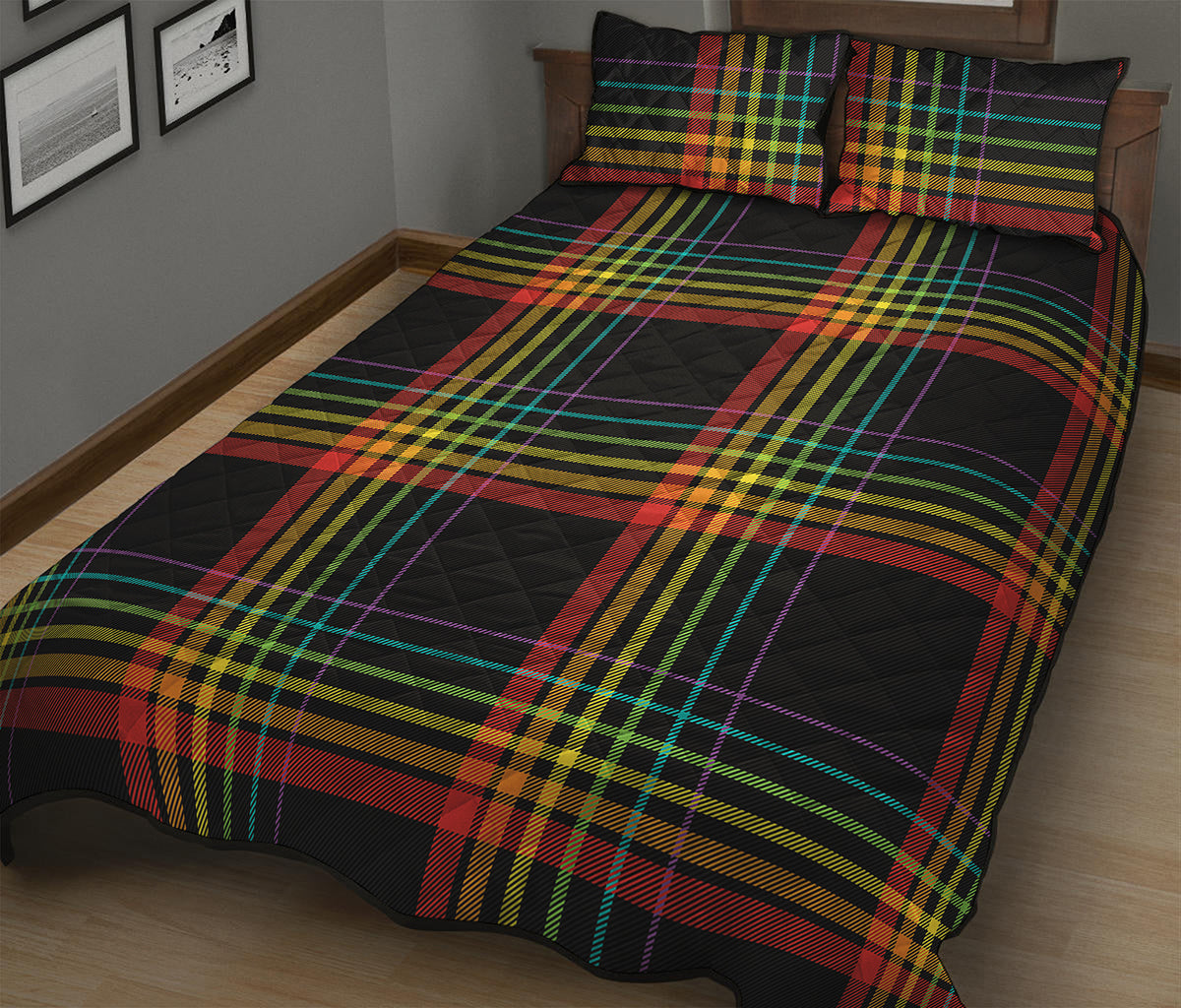 Rainbow Tartan Pattern Print Quilt Bed Set