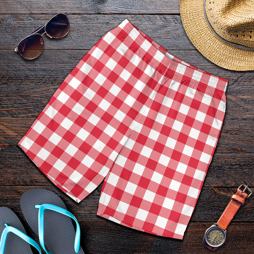 Raspberry Red And White Gingham Print Men's Shorts