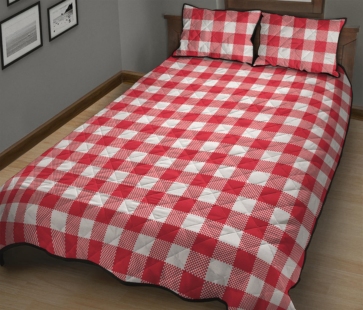 Raspberry Red And White Gingham Print Quilt Bed Set