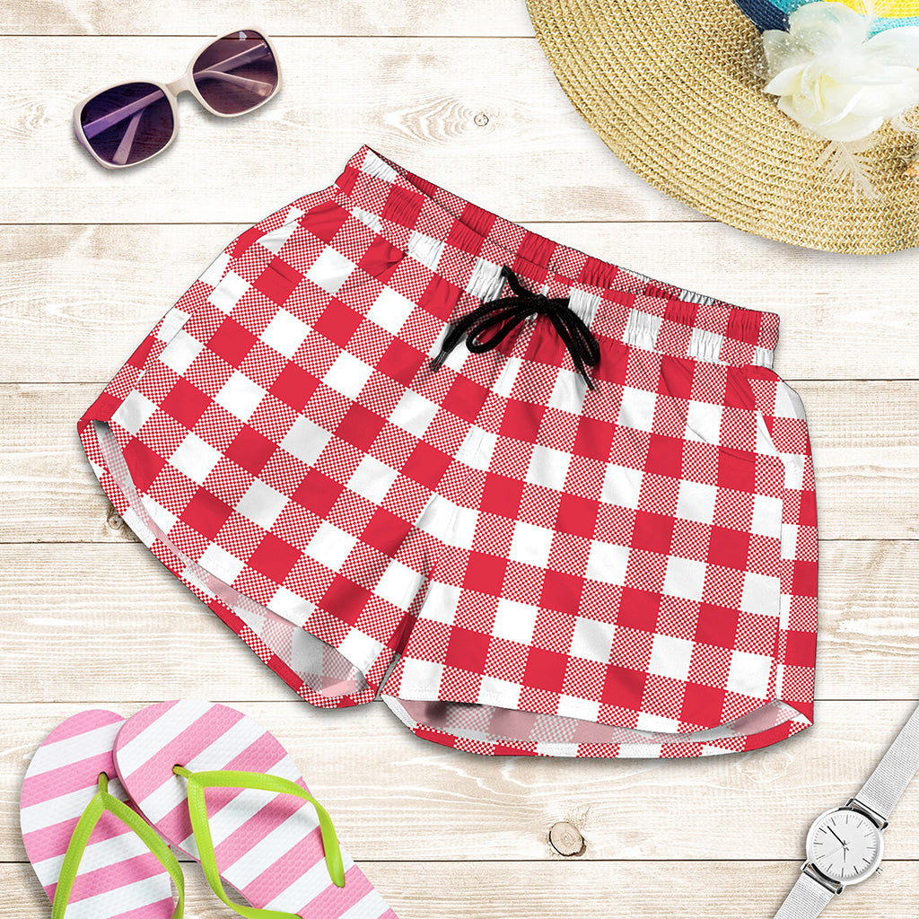 Raspberry Red And White Gingham Print Women's Shorts