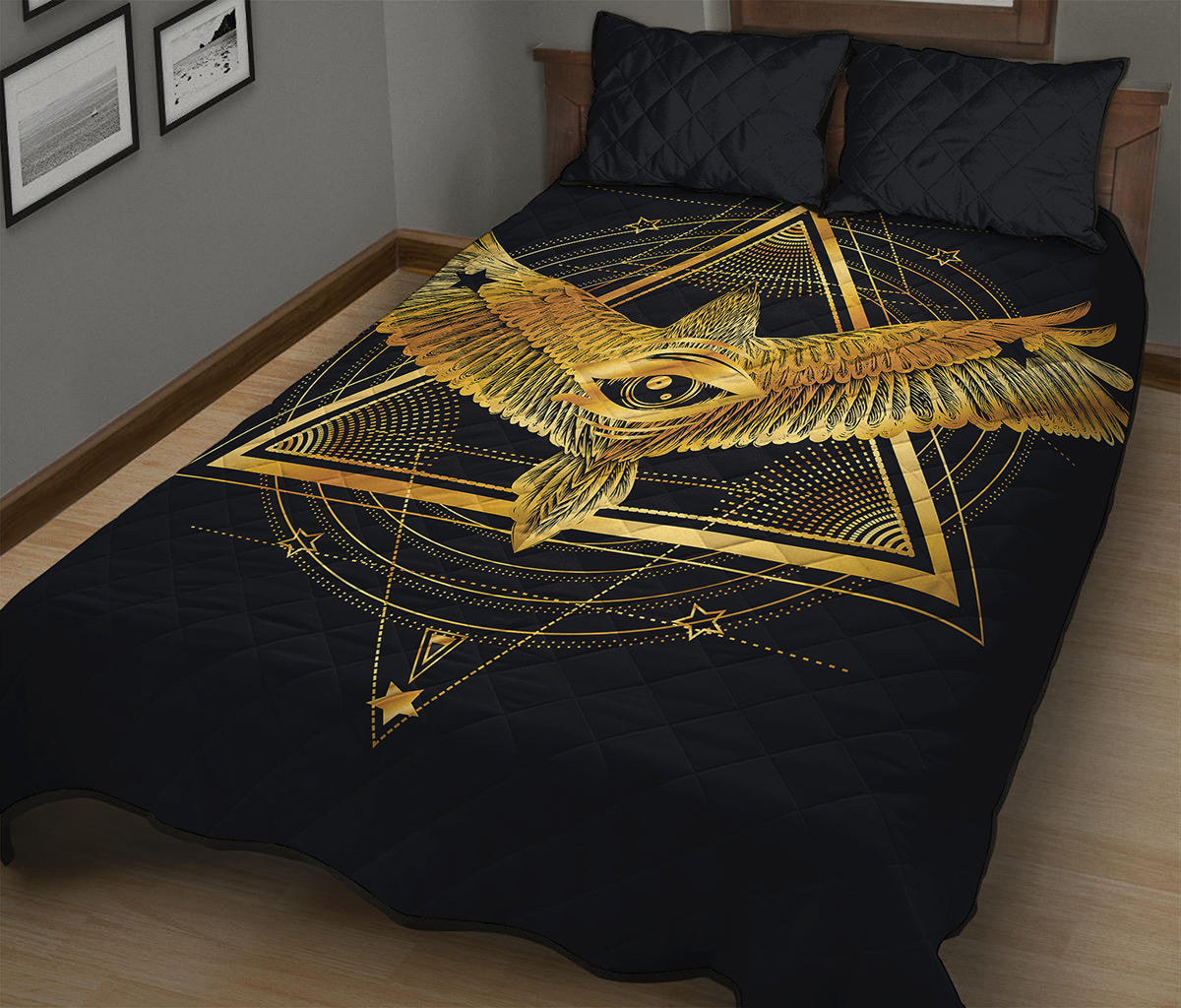 Raven Masonic Eye Print Quilt Bed Set