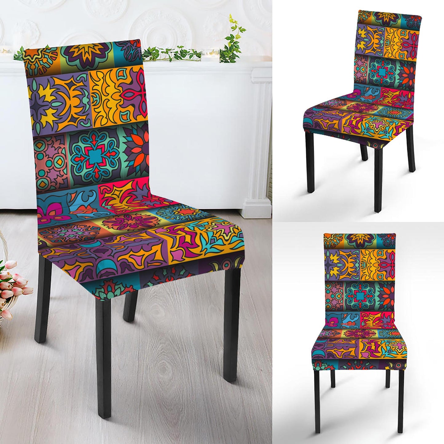 Rectangle Mandala Bohemian Pattern Print Dining Chair Slipcover