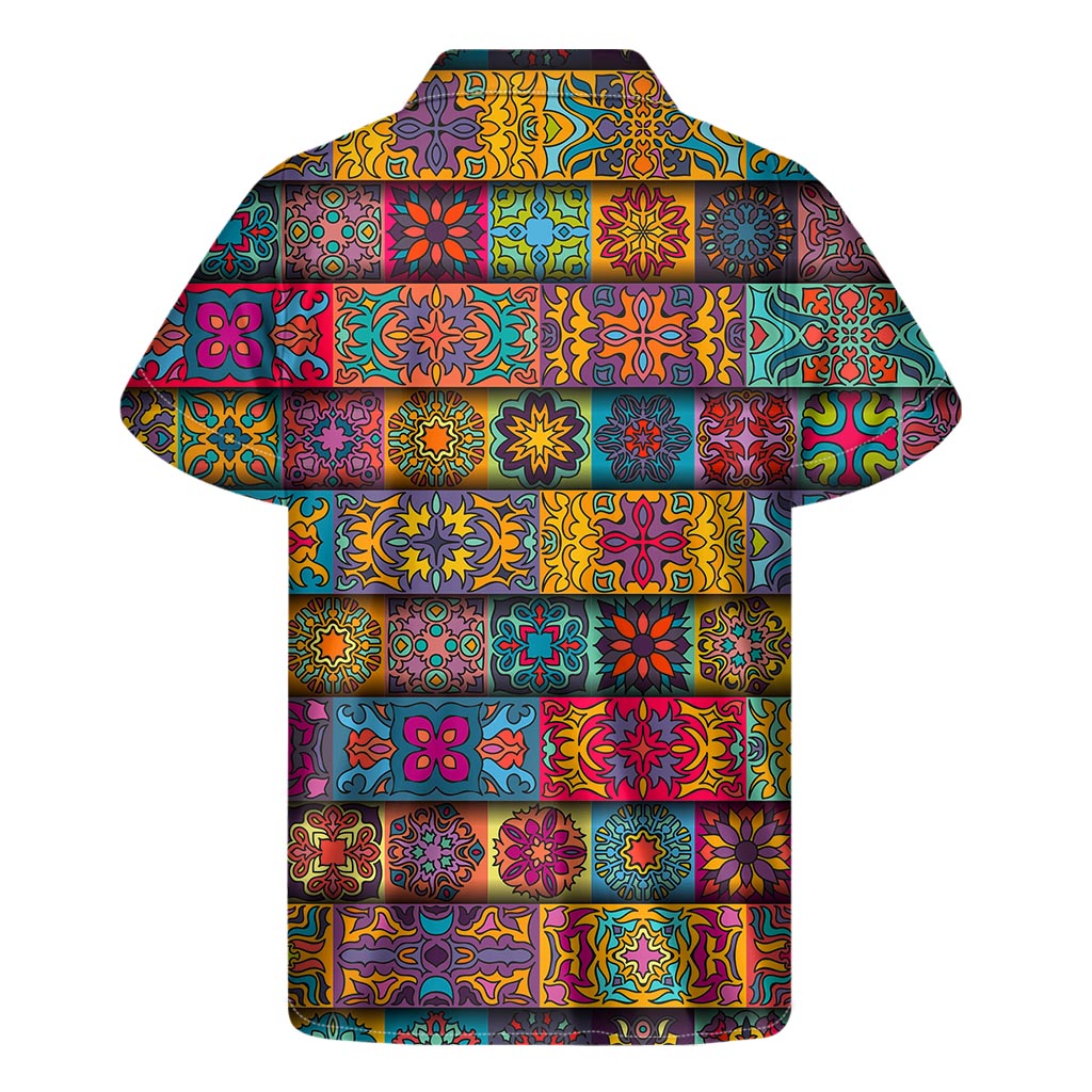 Rectangle Mandala Bohemian Pattern Print Men's Short Sleeve Shirt