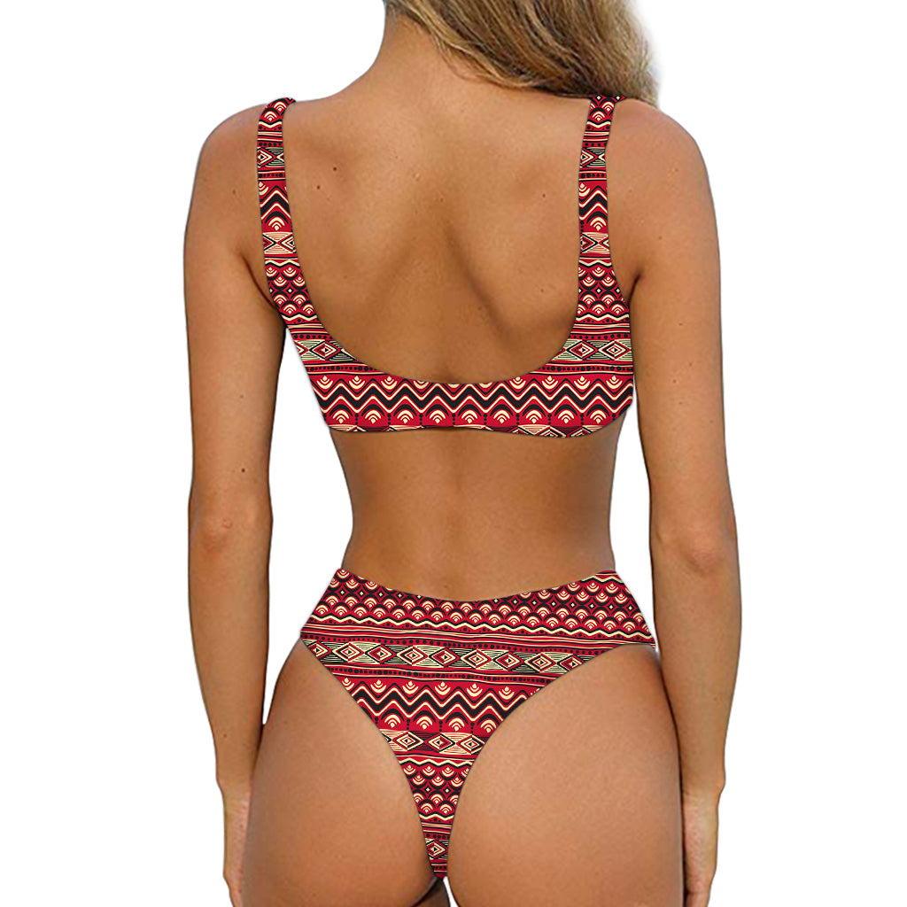Red African Tribal Pattern Print Front Bow Tie Bikini
