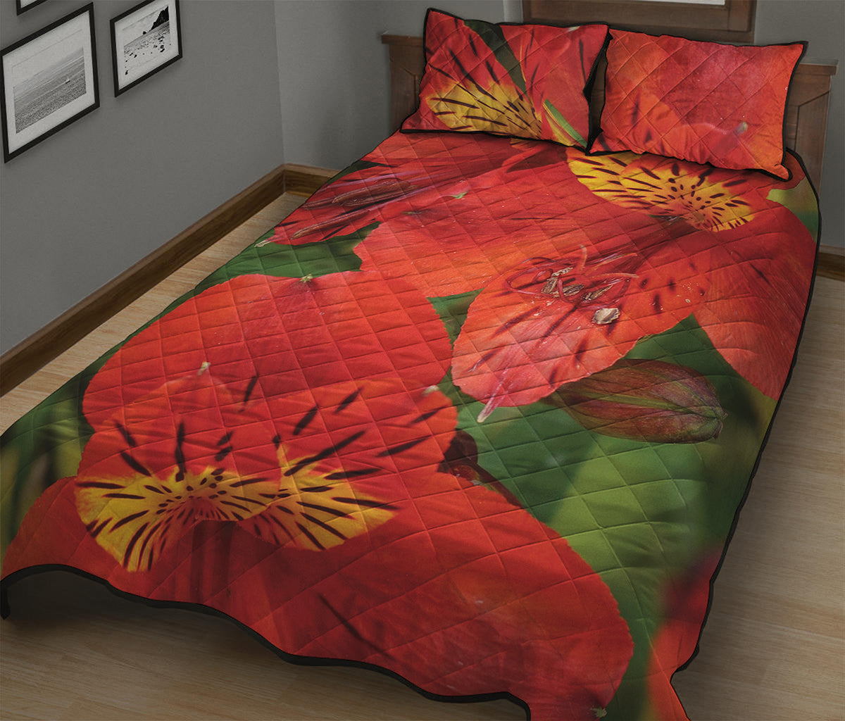 Red Alstroemeria Print Quilt Bed Set