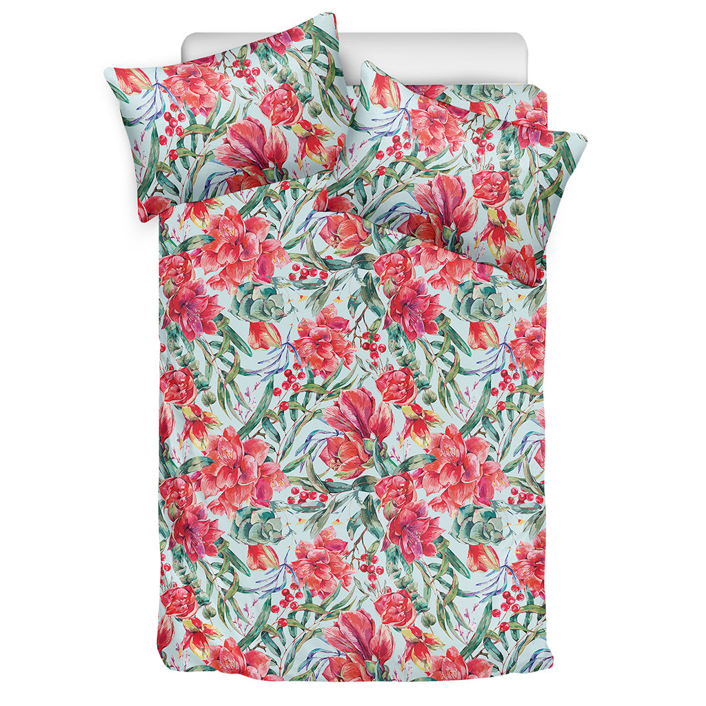 Red Amaryllis Pattern Print Duvet Cover Bedding Set