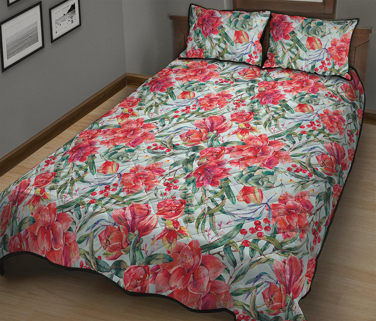 Red Amaryllis Pattern Print Quilt Bed Set