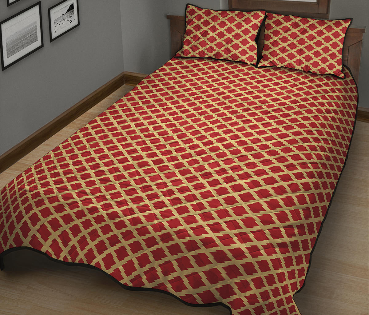 Red And Beige Japanese Pattern Print Quilt Bed Set