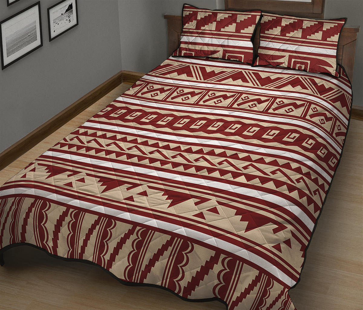 Red And Beige Southwestern Pattern Print Quilt Bed Set