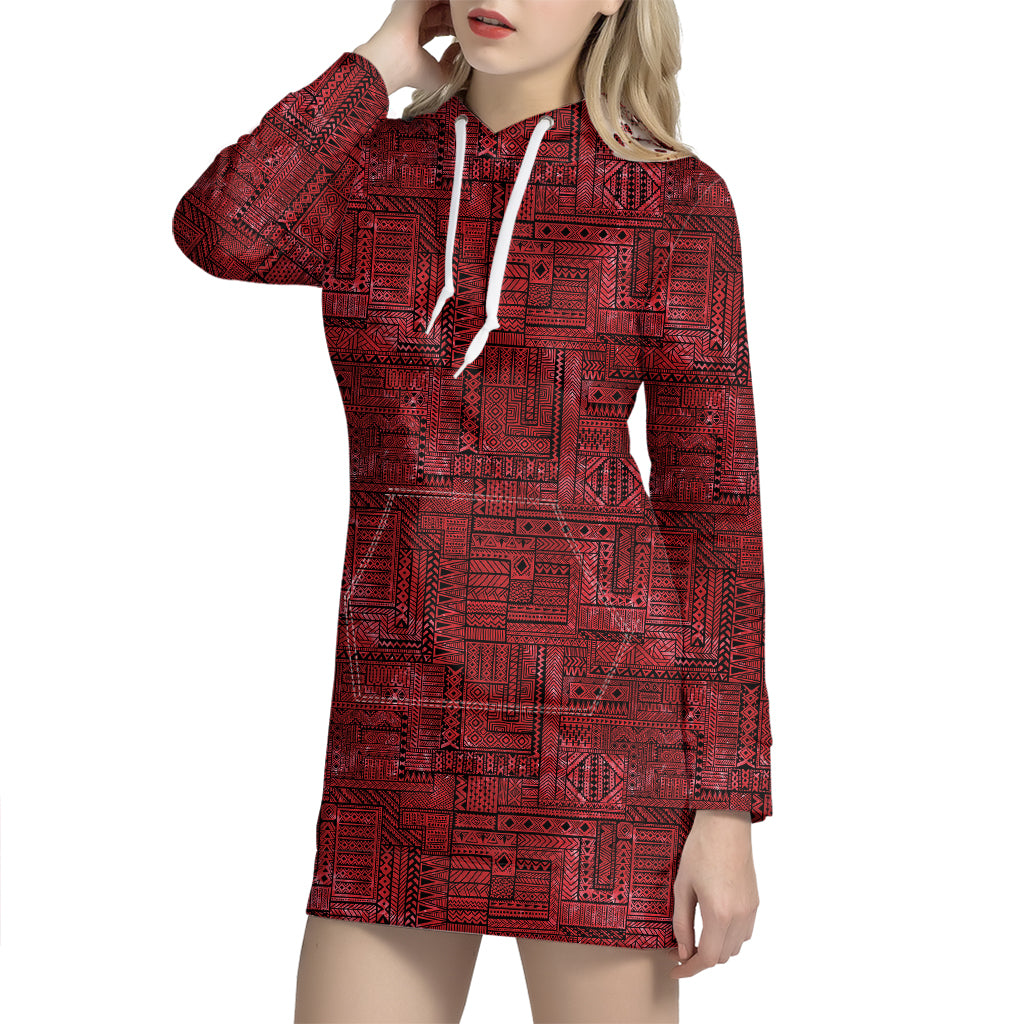 Red And Black African Ethnic Print Hoodie Dress